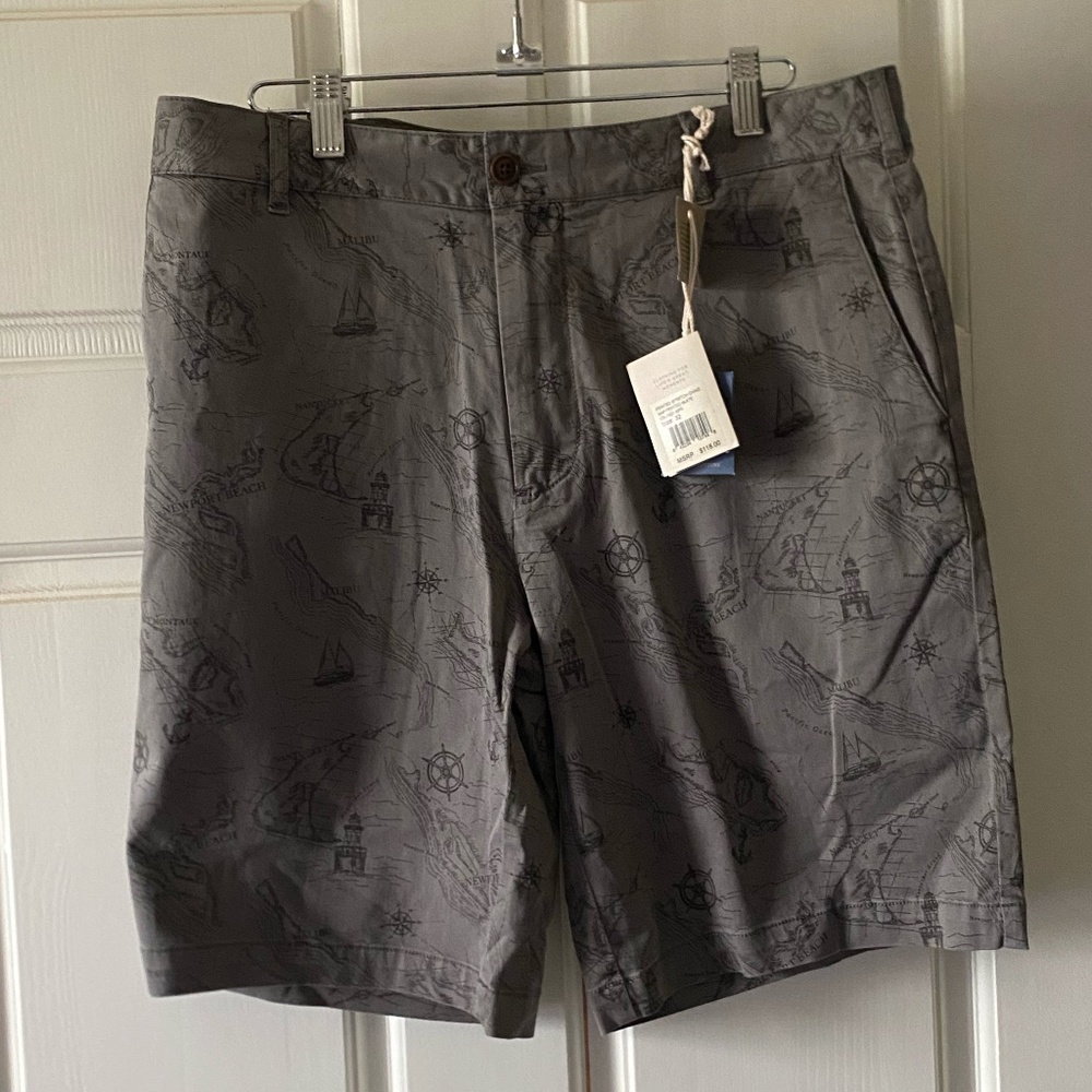 NWT - Faherty Brand Printed Stretch Chino Map Shorts - Size 32 - "Printed Slate"